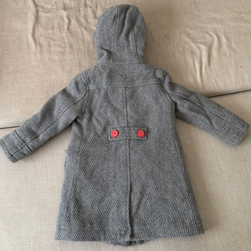 Mini Boden Girls Gray Wool Toggle Coat Polka Dot Lined Hooded Jacket